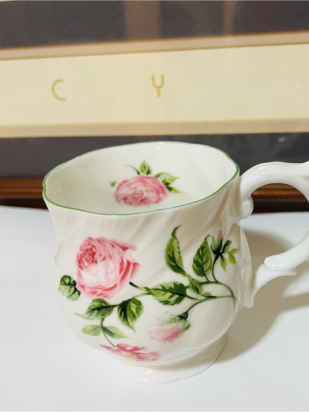 National trust Pink Rose Bone China Teacup with Green Leaves